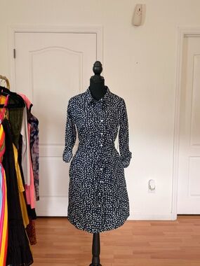DKNY Navy Floral Print Button Front Tie Waist Shirt Dress NWT Size 6